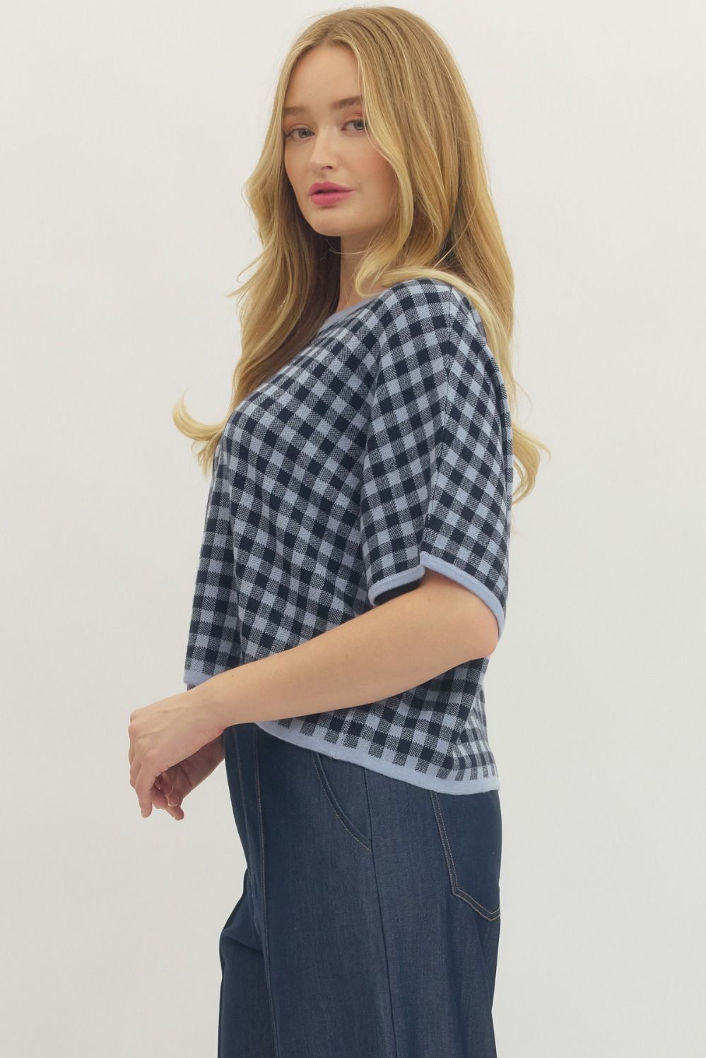 Eleanor gingham short sleeve cropped top with contrast rib trim in white.