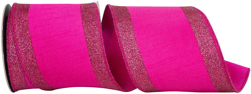 4 inch fuchsia dupioni wired ribbon with glitter striped edges on a spool.