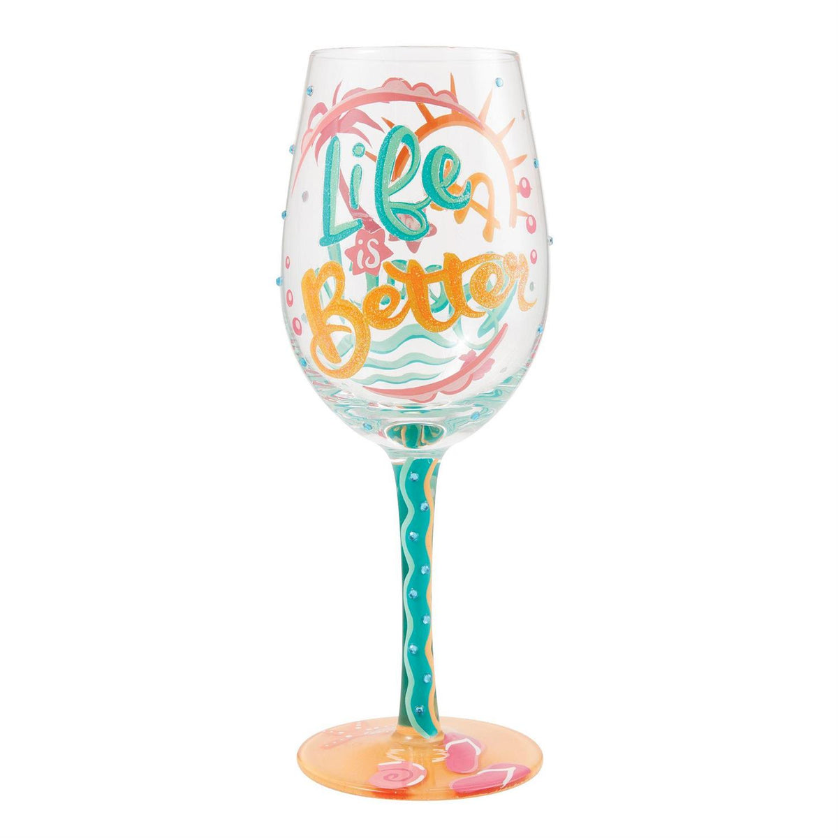 Blown glass wine glass with hand-painted cocktail recipe base and glitter accents