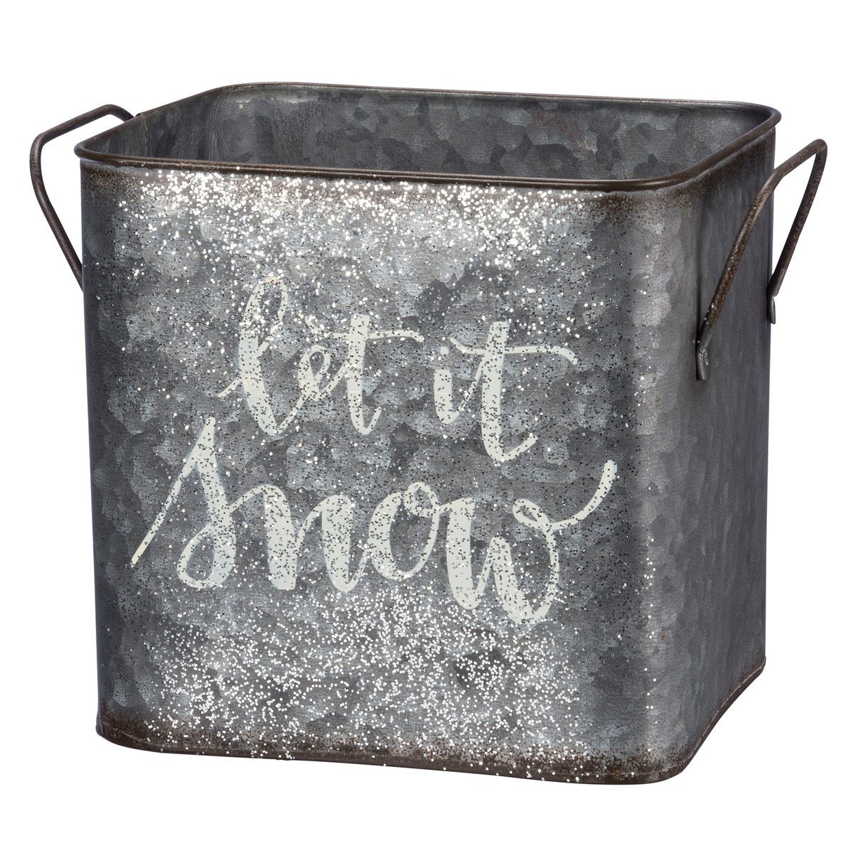 Galvanized metal bin with glitter accents and white script reading Let it Snow.