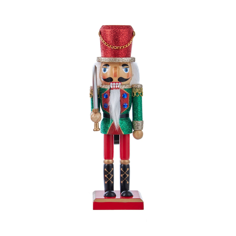 10-inch wooden nutcracker with red glitter hat, green glitter jacket, and holding a silver sword.