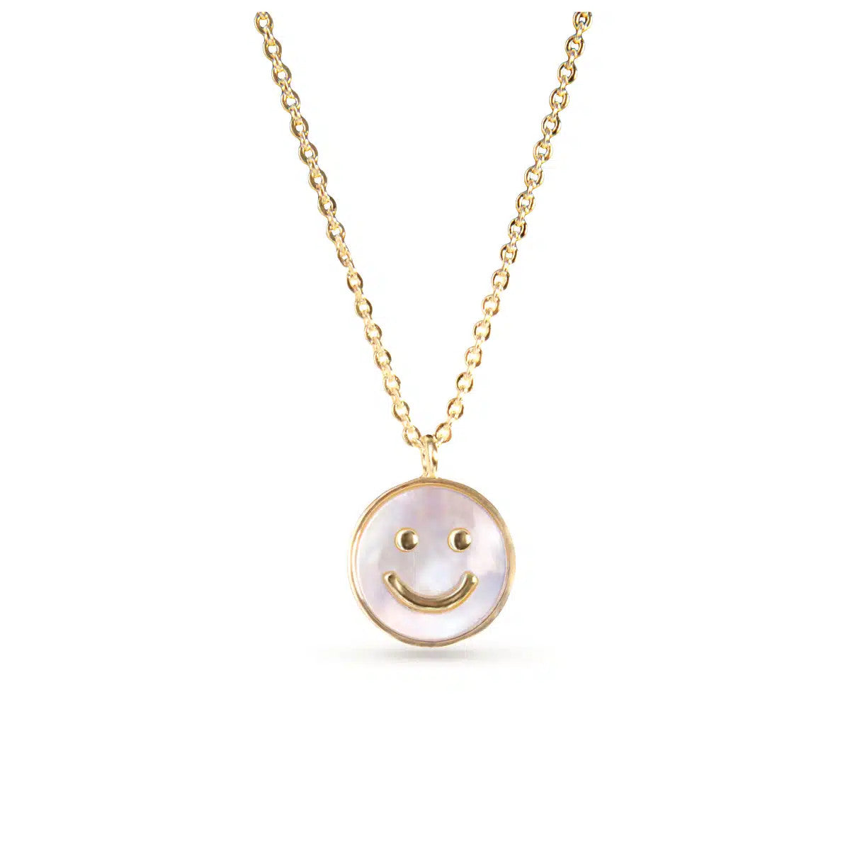 Gold chain necklace with a circular mother of pearl pendant featuring a gold smiley face.