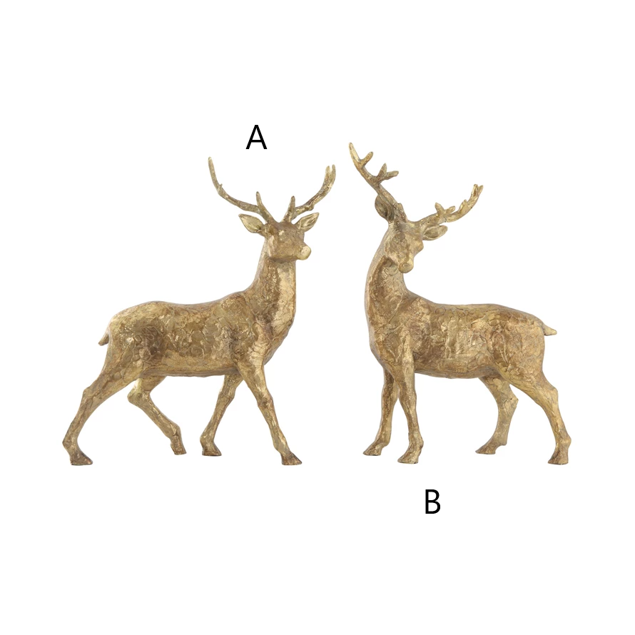Two golden standing deer figurines, one labeled A and the other B, with detailed antlers and textured bodies.