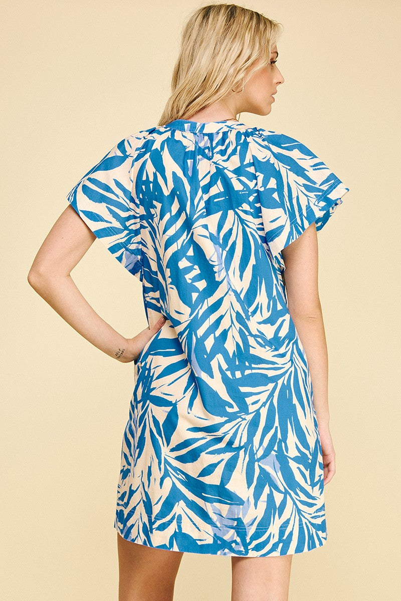 Leah V-neck cotton tunic mini dress in botanical print with cap sleeves and side pockets