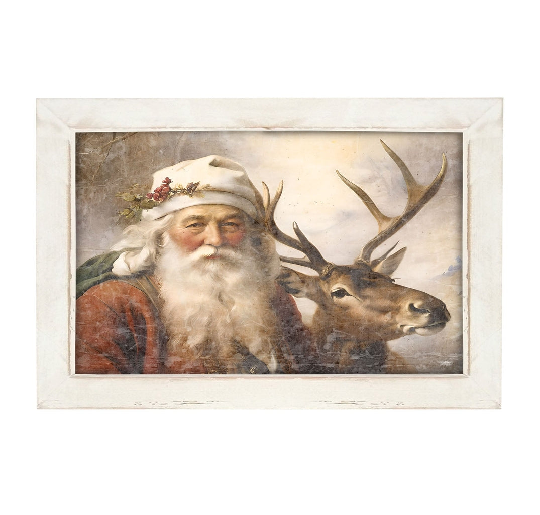 Vintage-style painting of Santa Claus and a reindeer in a white horizontal reclaimed wood frame.