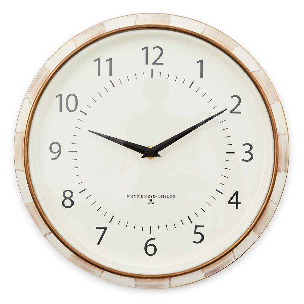 Mocha Check School Wall Clock with a cream face, black hands, and a bronzed stainless steel rim.
