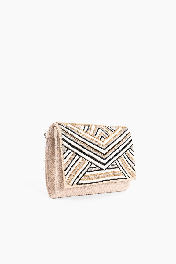 Golden Glam Hand Beaded Clutch with geometric black, white, and gold bead patterns on a beige base.