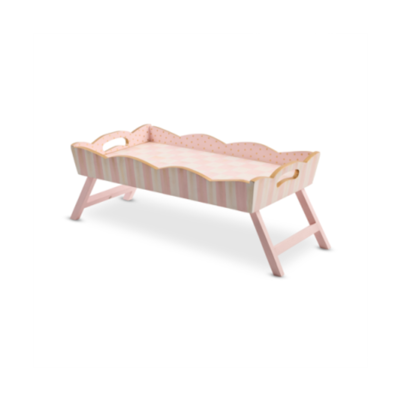 Pink and white checkered breakfast tray with scalloped edges, gold dots, and folding legs.