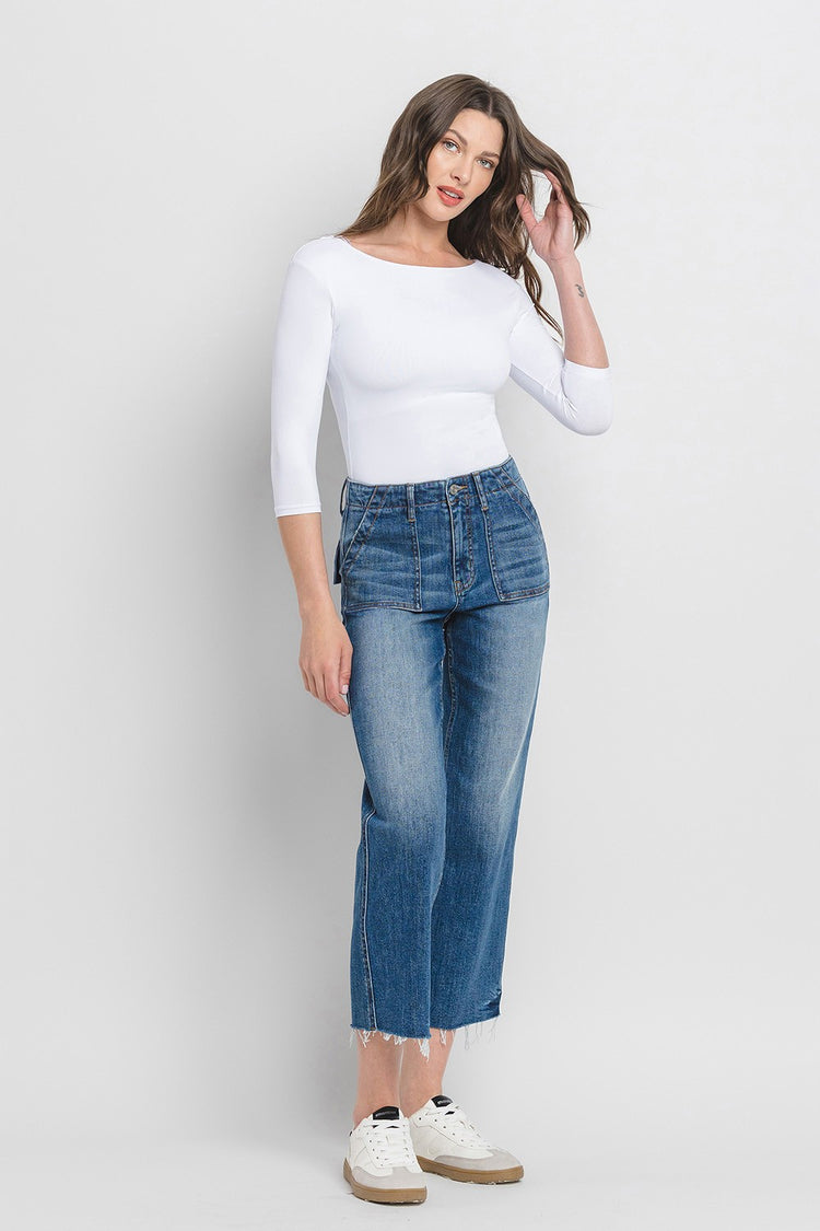 Avery High Rise Crop Utility Straight Jeans in dark wash denim with five-pocket styling and button fly.