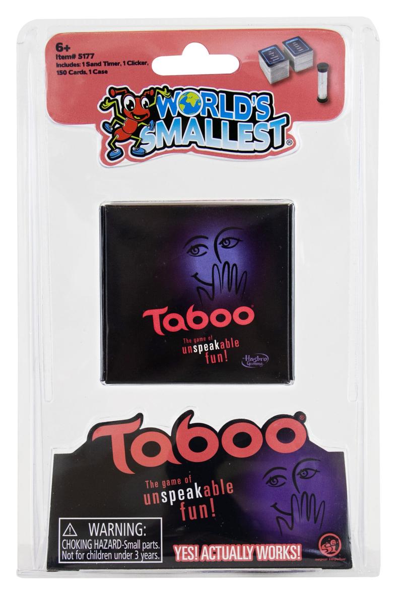 World's Smallest Taboo game in packaging with case, sand timer, clicker, and 150 cards.
