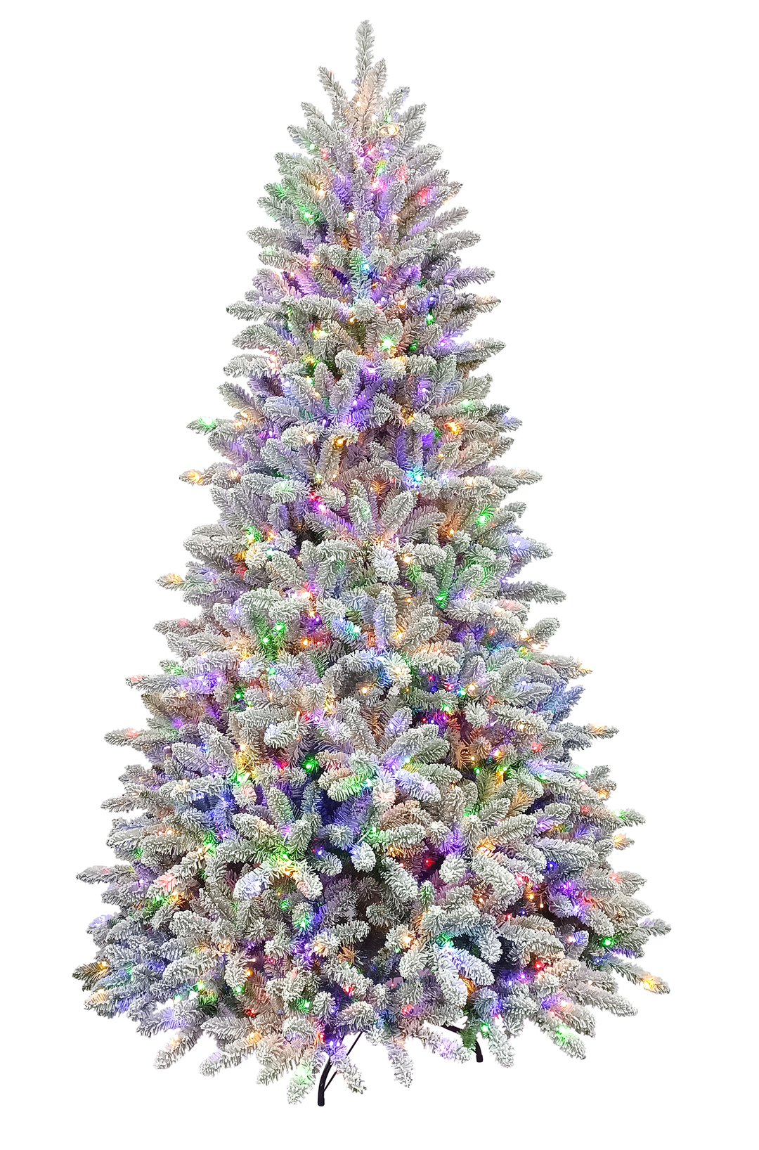 9' Flocked Amber Christmas Tree with Sparkle Color Change Rice Lights on a white background.