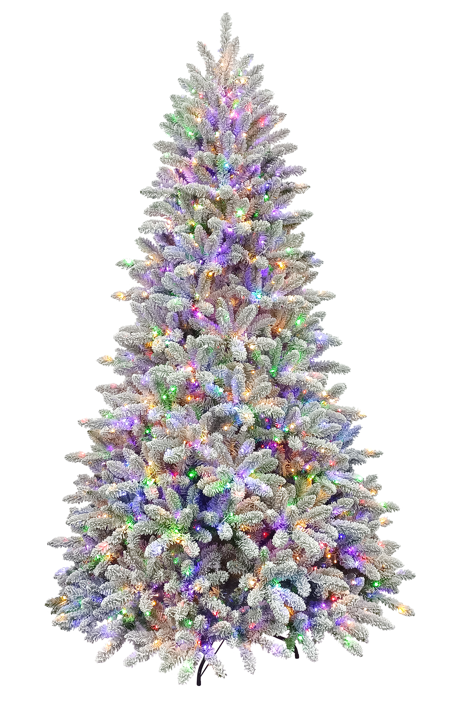 9' Flocked Amber Christmas Tree with Sparkle Color Change Rice Lights on a white background.