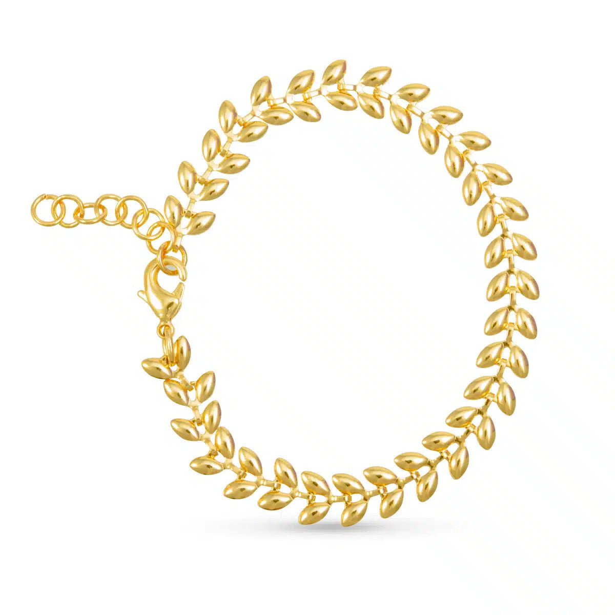 Polished gold Abby Bracelet featuring a laurel leaf design with a lobster clasp and extender chain.