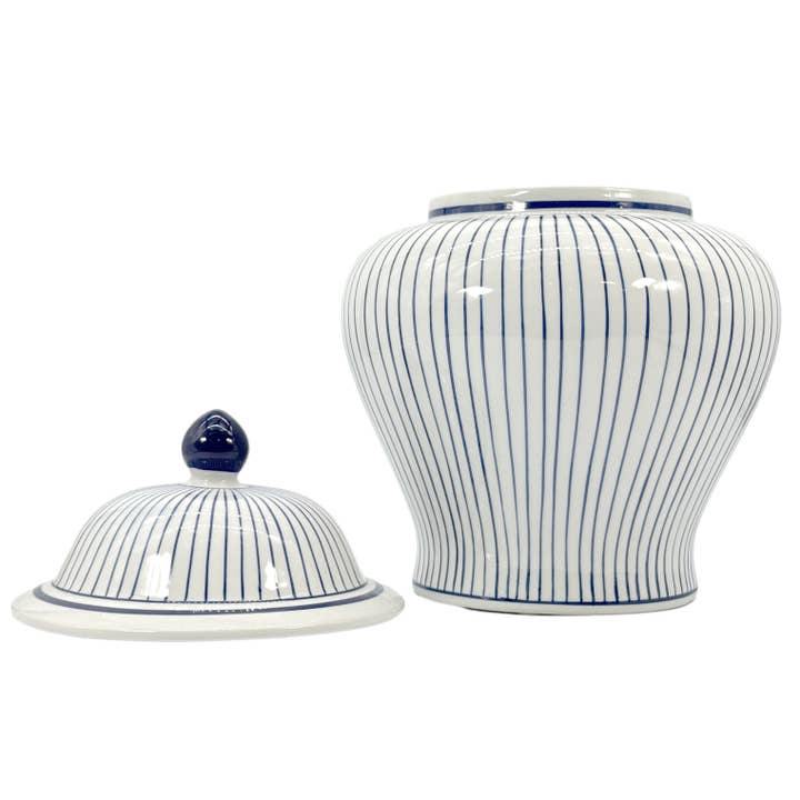15.5-inch wide ceramic ginger jar with blue and white vertical stripes and a matching lid.