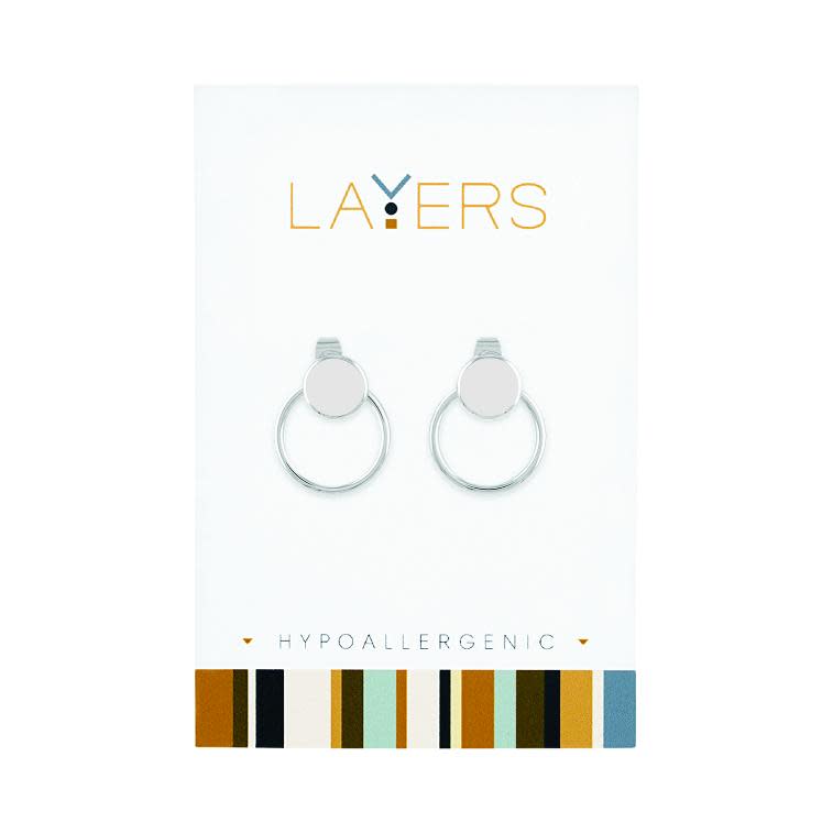 Silver double hoop stud layer earrings with a sleek modern silhouette