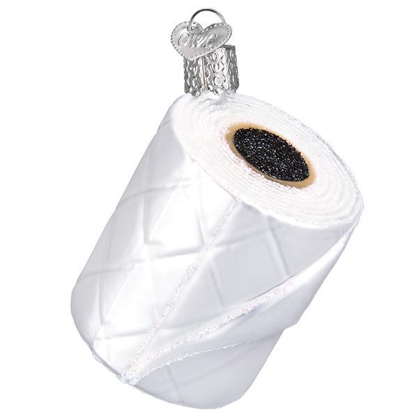 White glass toilet paper roll ornament with a quilted pattern, silver glitter, and a metal hanger.
