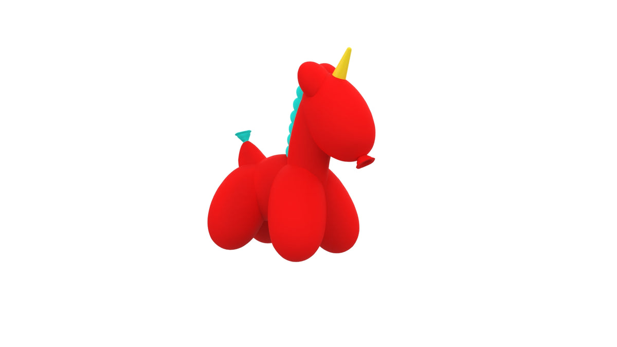Red balloon unicorn with a yellow horn and blue mane.