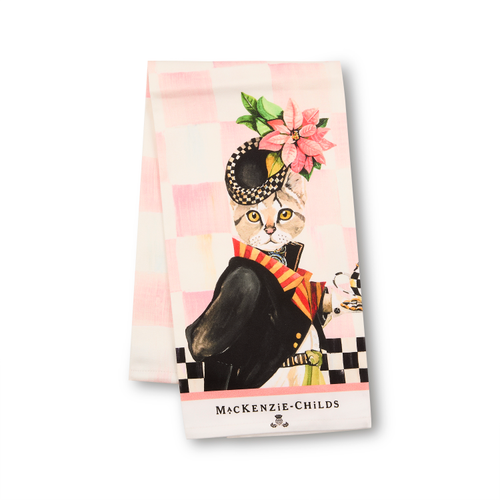 Miss Kitty Printed Dish Towel featuring a cat in a hat and coat on a pink checkered background.