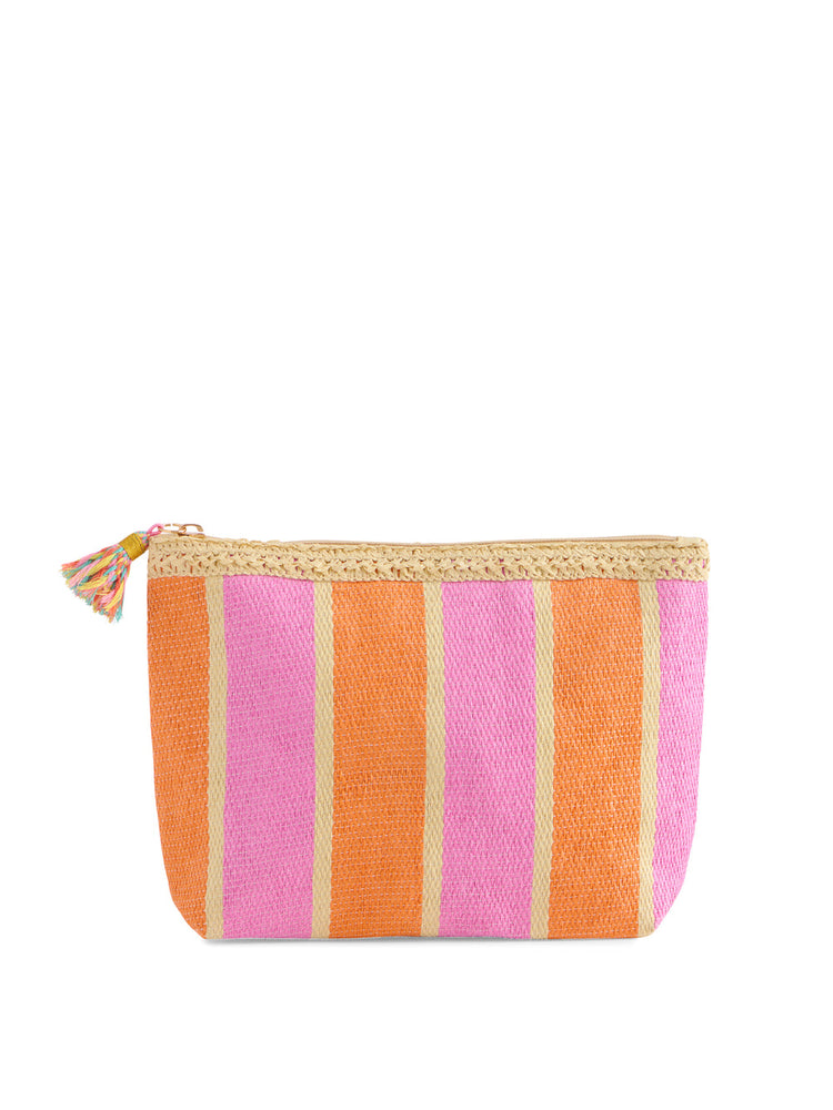 Capri Zip Pouch made of pink and orange striped paper straw with a colorful tassel zipper pull.