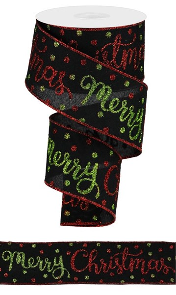 Black polyester royal ribbon with red script Merry Christmas text on a lime background.