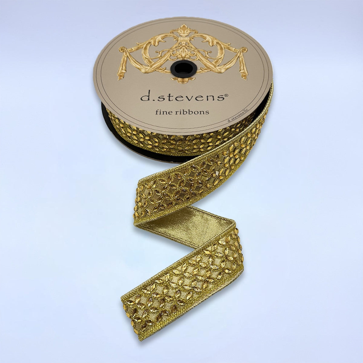 1.5 inch antique gold faux metallic dupion ribbon with crystal flower trellis trim on a spool.