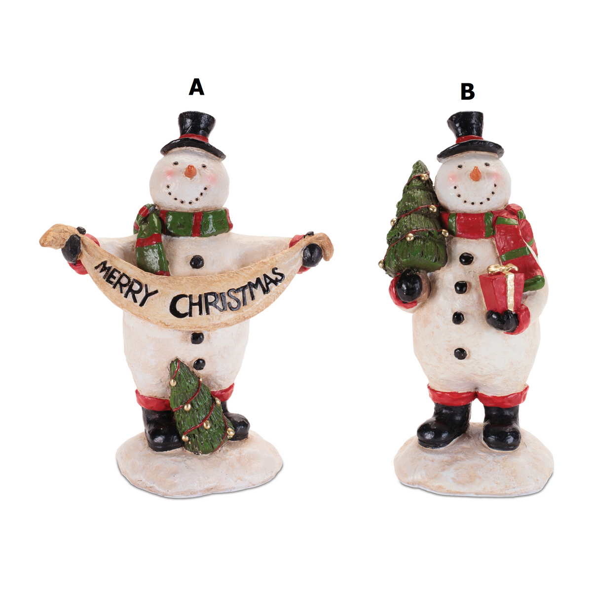 8.75-inch white resin snowman figurine standing beside a small green tree.
