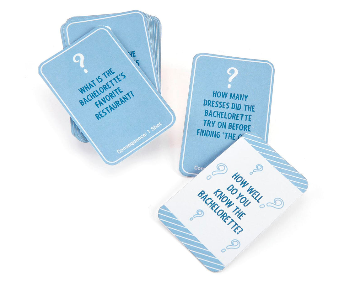 Blue and white Bachelorette Card Game trivia cards with questions and question mark icons.