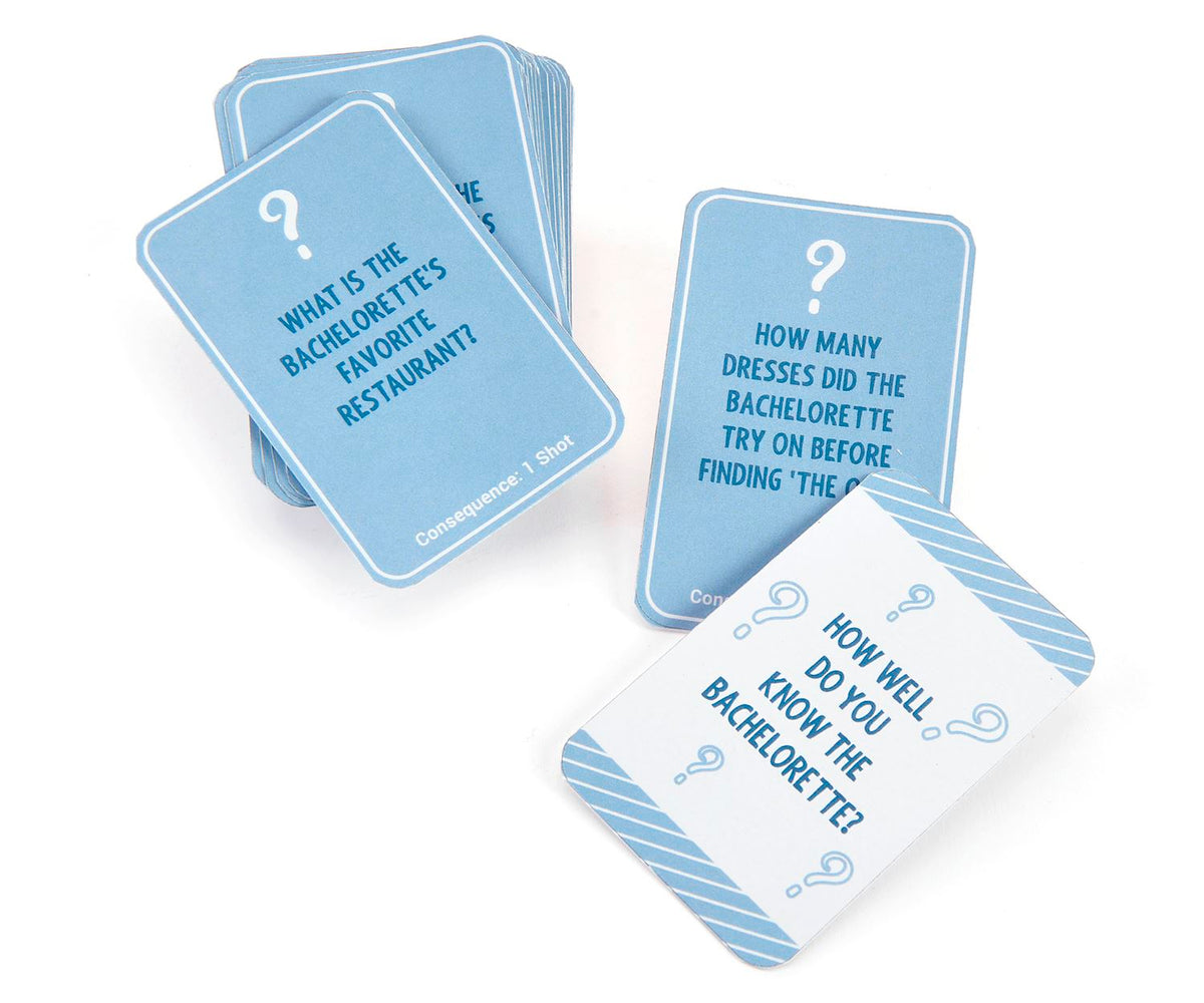 Blue and white Bachelorette Card Game trivia cards with questions and question mark icons.