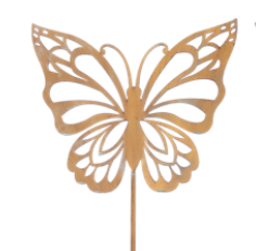 Laser cut metal garden stake featuring a butterfly silhouette with intricate wing patterns.