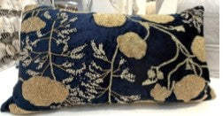 Indigo velvet pillow with gold beads and floral embroidery