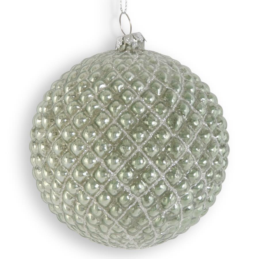 4 Inch Sage Green Mercury Glass Hobnail Round Ornament with silver glitter lattice pattern.