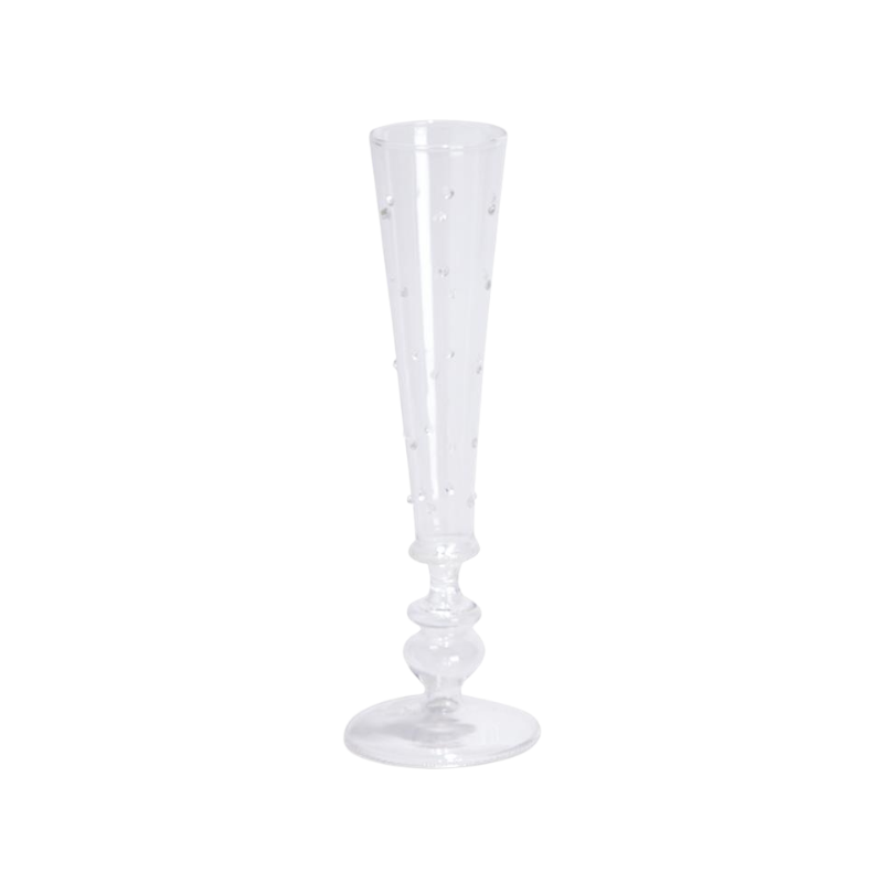 Hand-blown clear glass champagne flute with a dotted pattern and a decorative tiered stem.