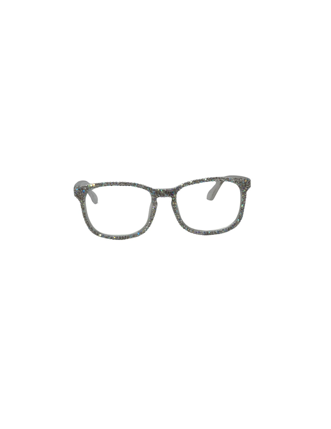 Rectangular reading glasses with frames fully embellished in shimmering iridescent rhinestones.