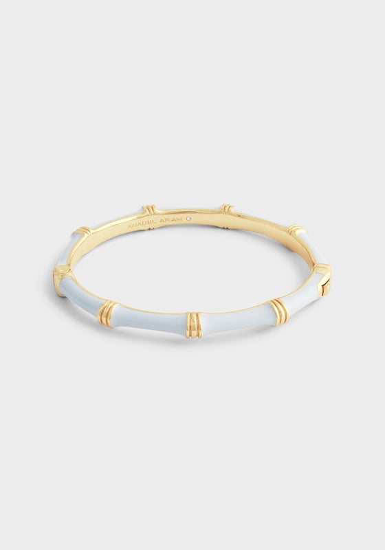 Bamboo Enameled Hinged Bangle in 18K gold-plated brass with light blue hand-painted enamel.