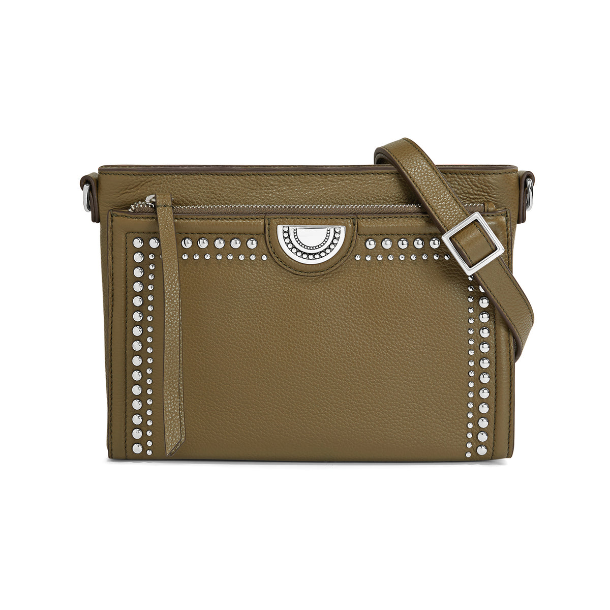 Black leather Jordyn cross body organizer with raw edge contour, ziptop closure, and multiple exterior pockets.