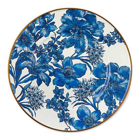 Royal English Garden Enamel Salad/Dessert Plate with blue floral pattern and bronzed rim.