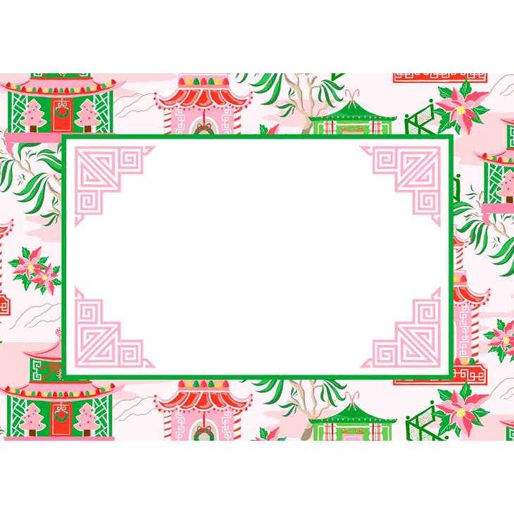 Folded Chinoiserie Wonderland Christmas place card on matte white stock with blue floral pattern and gold text.