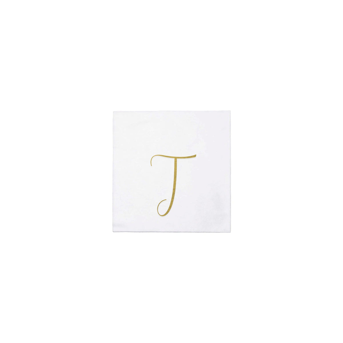 Pack of twenty gold monogram cocktail napkins folded in a square shape.