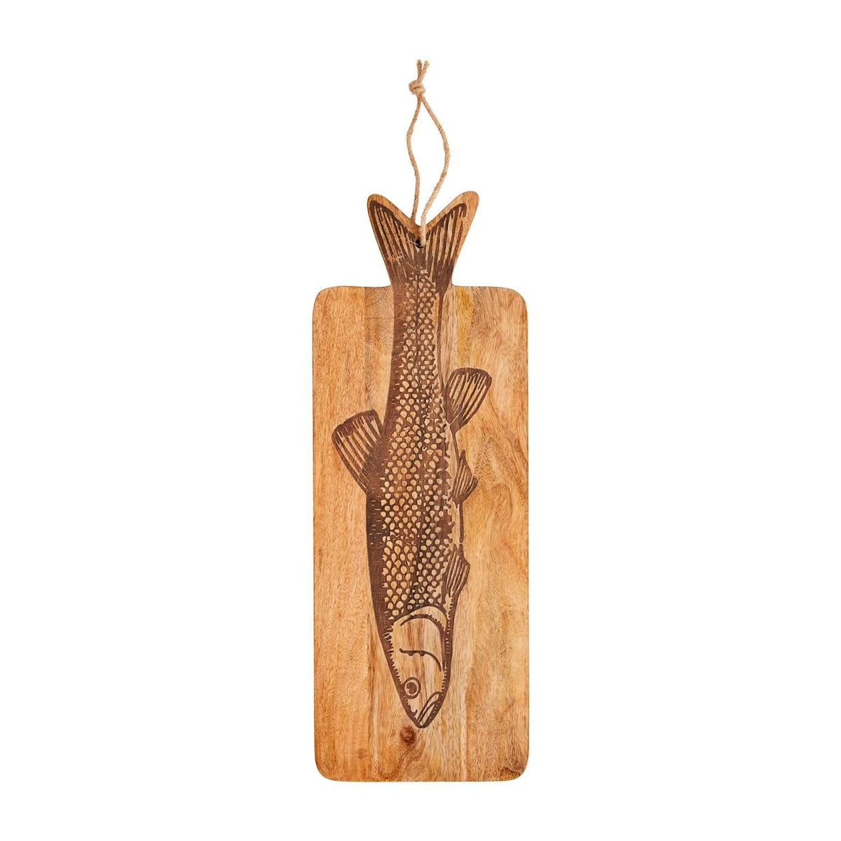 Etched mango wood paddle board with dimensional fish tail handle.