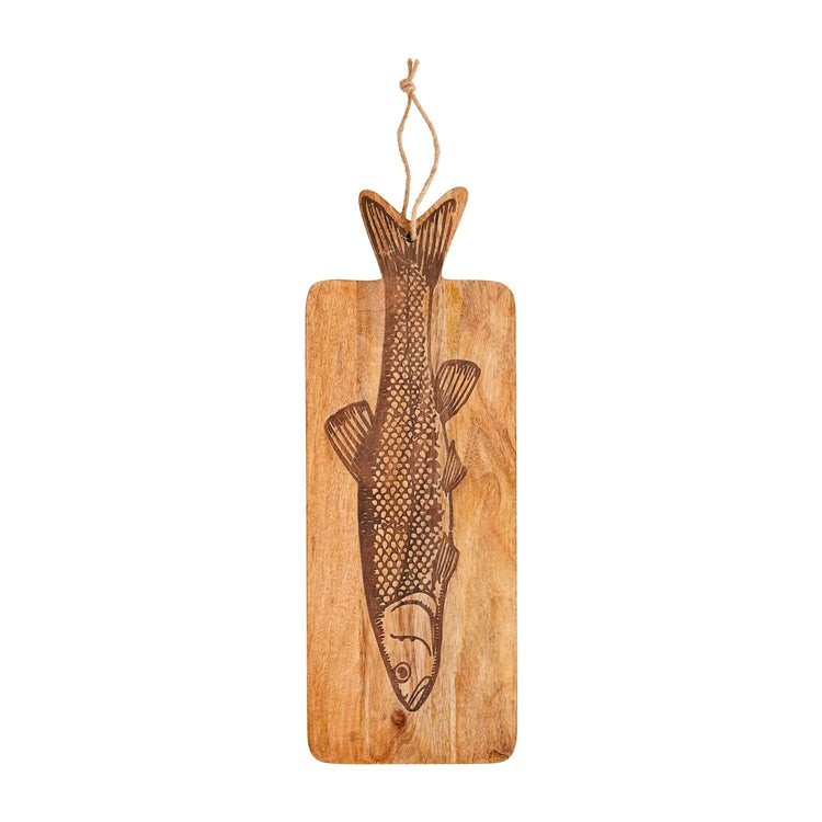 Etched mango wood paddle board with dimensional fish tail handle.