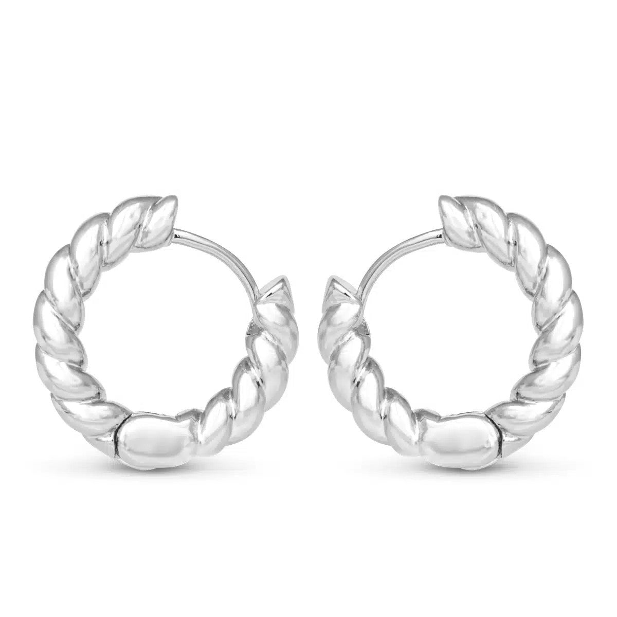 Clara Mini Rope Hoop Silver Earrings featuring a twisted rope design in polished silver.