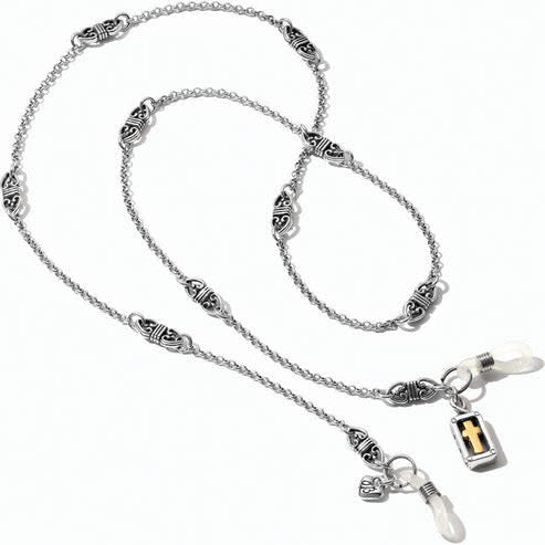 Silver and gold two-tone Eternity cross sunglass chain holder with a vertical silhouette.