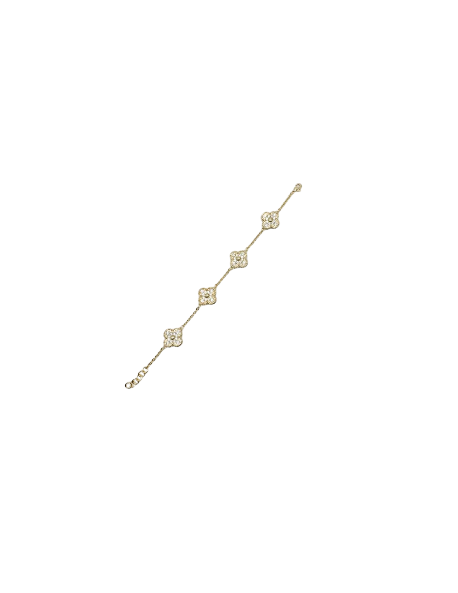 Gold chain bracelet featuring four clover-shaped charms set with clear cubic zirconia stones.