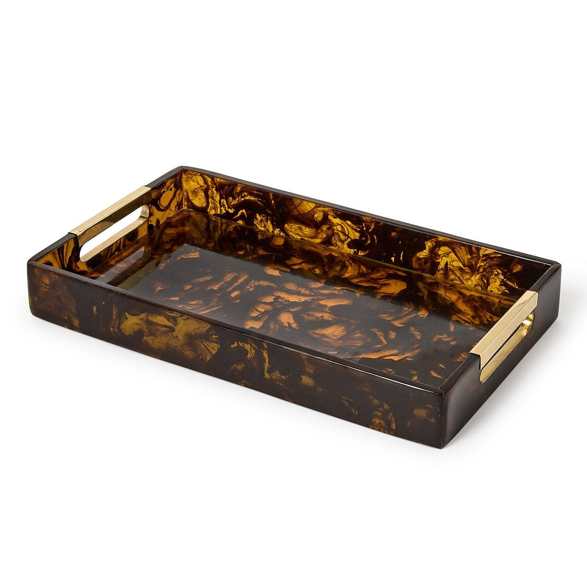 Tortoise swirl rectangle serving tray with gold accent handles and a glossy finish.