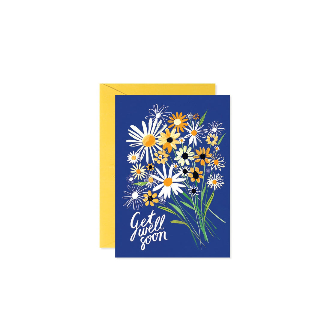 White greeting card with wildflower illustration inside reading 'Wishing you a quick and easy recovery.'