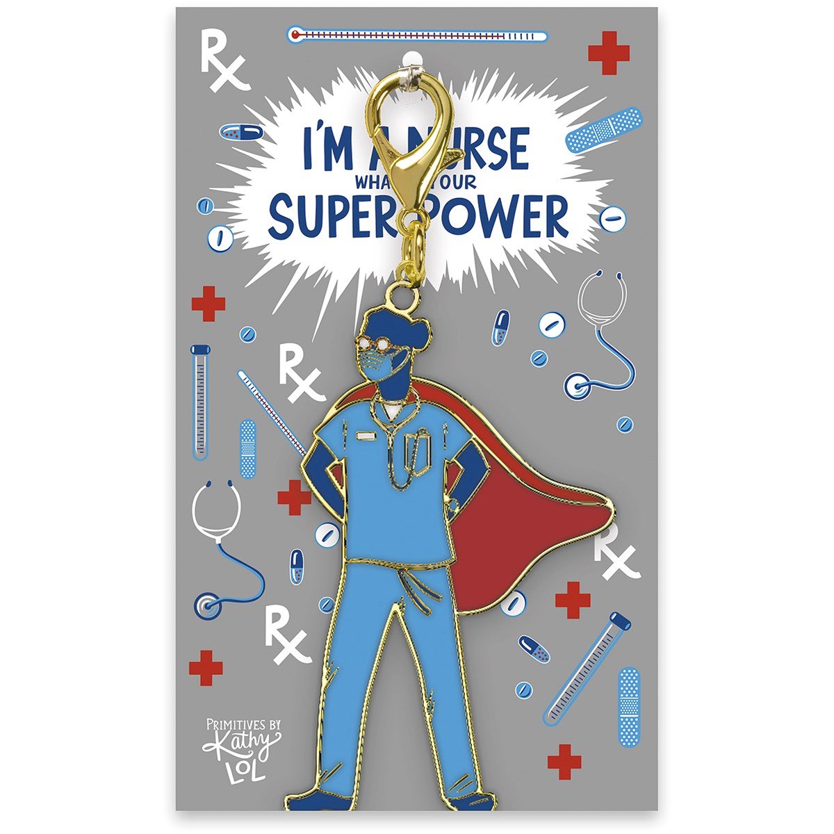 Metal nurse-themed enamel keychain with paper card featuring a stethoscope silhouette.