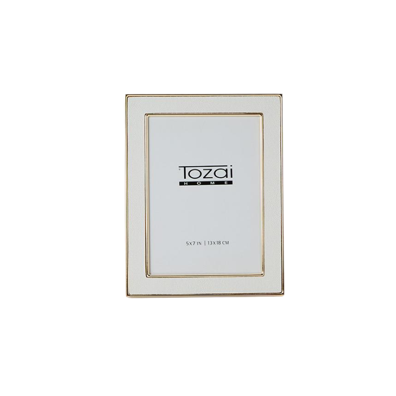 Astor Shagreen Photo Frame in white faux leather with gold steel trim and glass insert.