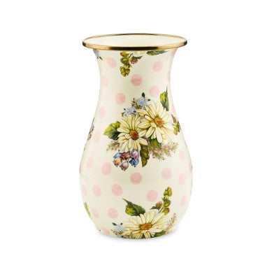 Pink Wildflowers vase with hand-applied transfer decoration on heavy-gauge steel and bronzed stainless rim.