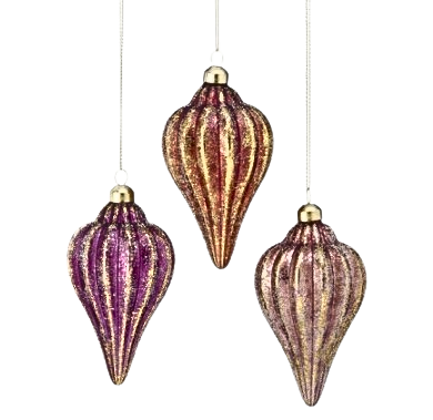 Set of three 5-inch glass southern finial ornaments in shades of purple and gold with glitter.