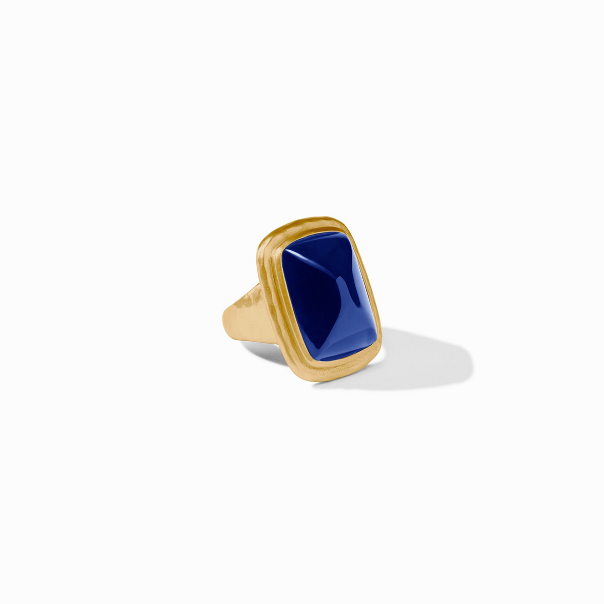 Sahara Stone Ring in 24K gold plate with a large rectangular blue glass stone.